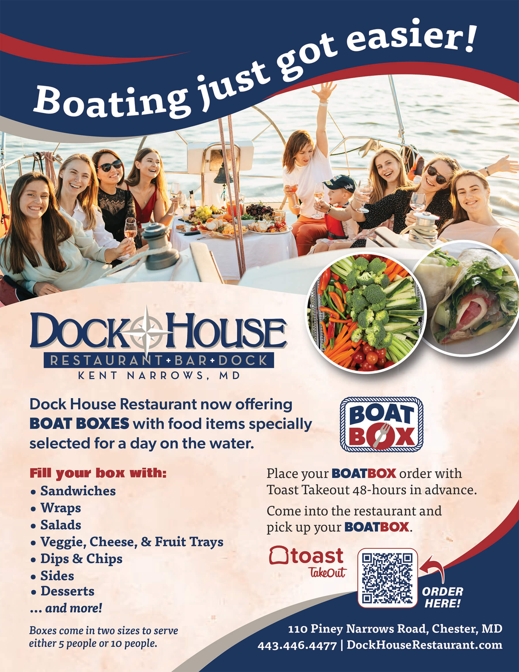 Boat Boxes Flyer - Order a Boat Box 48-hours in advance for your day on the boat.